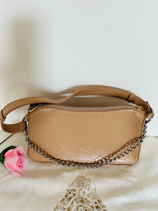 Handbags - Neutral Tan Patent Shoulder Bag with Chain Accent